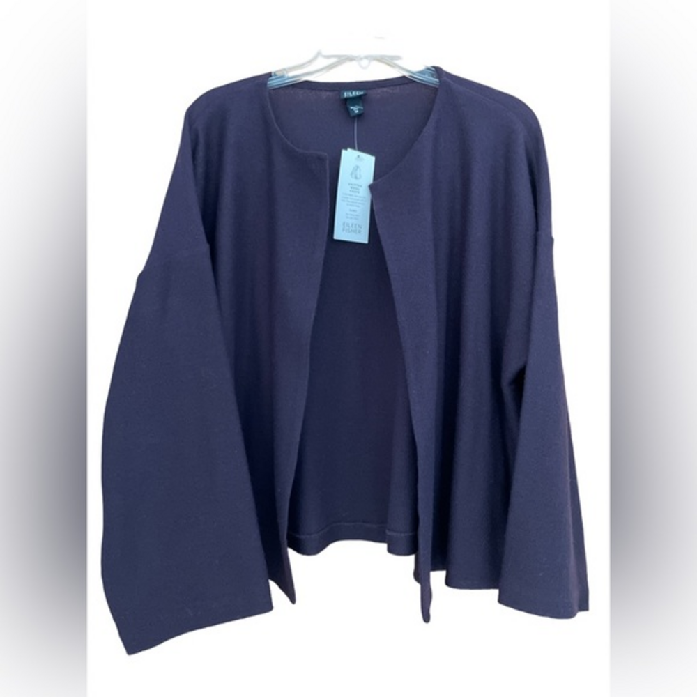 Eileen Fisher Vtg Wool Crepe Jacket Boxy Round Neck Open Purple Medium NWT